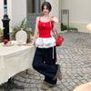Ballet style O-neck sleeveless T-shirt Summer MODAL COTTON Sexy sling t shirt for Women Lotus leaf Slim Elastic Skinny red Tops