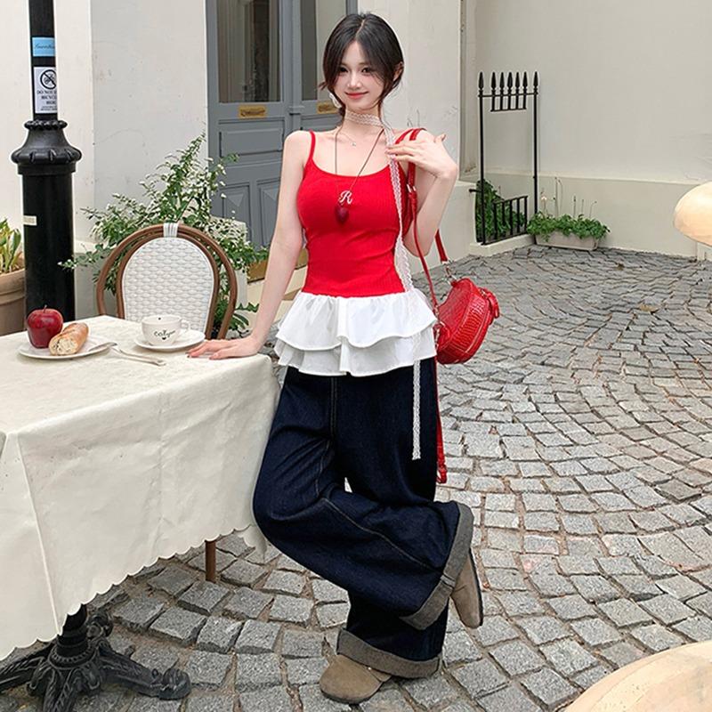 Ballet style O-neck sleeveless T-shirt Summer MODAL COTTON Sexy sling t shirt for Women Lotus leaf Slim Elastic Skinny red Tops