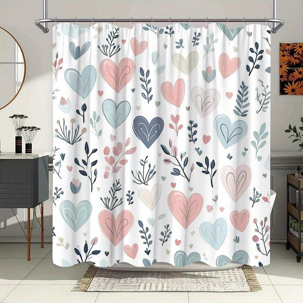 Akvarelový závěs do sprchy se srdíčky - Růžová, modrá a béžová srdíčka se stylizovanými listy na bílém pozadí, odolný polyester