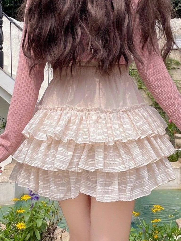 Lolita Bow Mini Skirt for Women Sweet Cute Ruffled Cake Skirt Lace Elastic Waist Casual Japanese Style Clothing