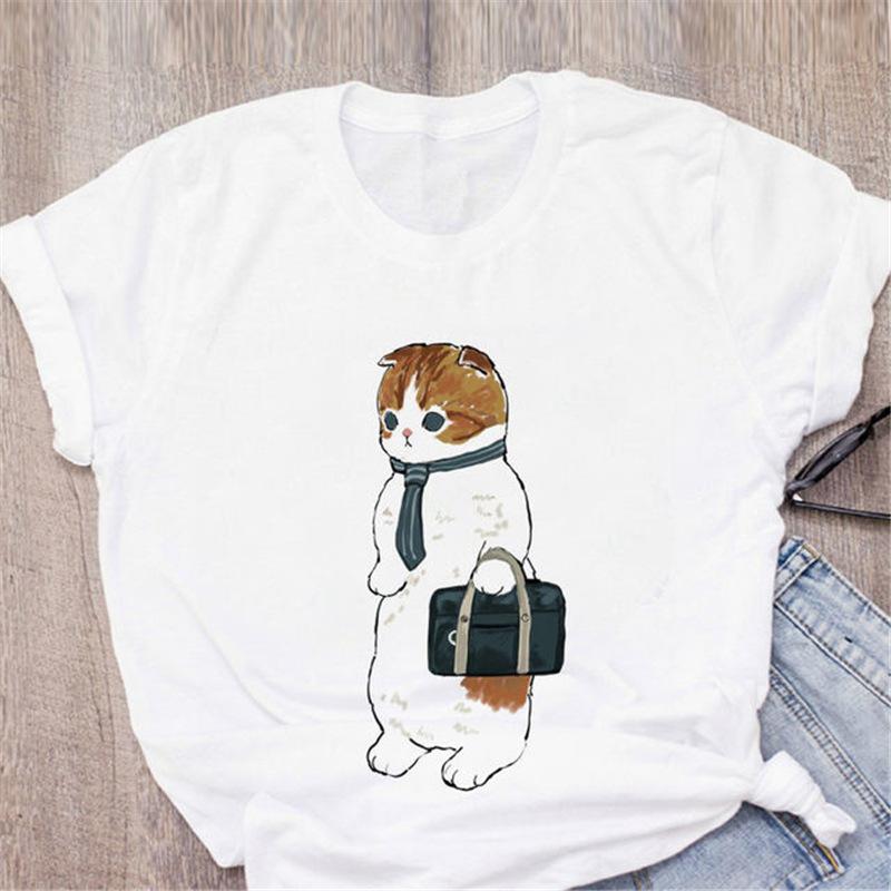 

Casual Kawaii Cartoon Animal Cat Graphic Female T-Shirt Summer Loose Blouses White O-Neck Short Sleeve Tees Woman Tops Clothing S білий