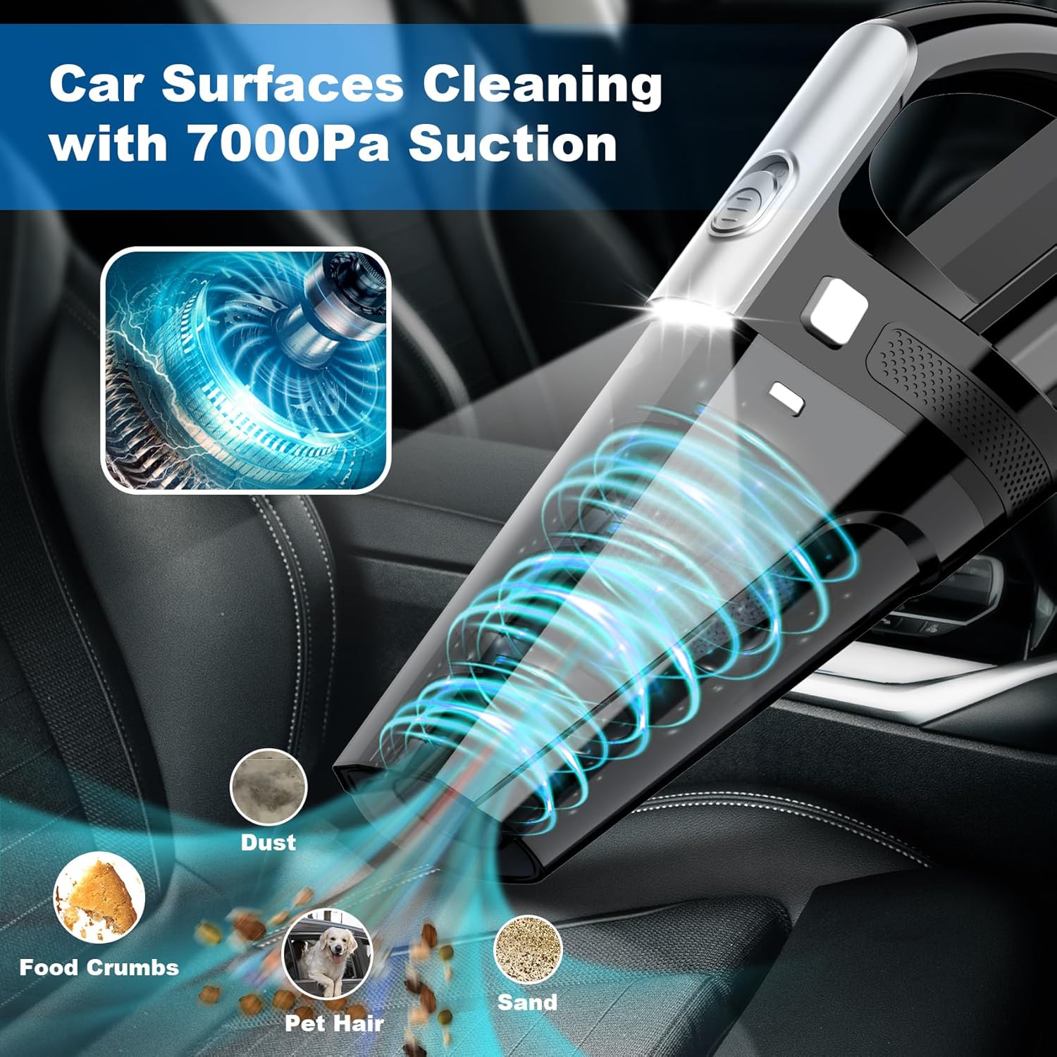 Car Vacuum, Portable Vacuum Cleaner with Powerful 7000PA Suction, DC 12V Power 16.4Ft Cord Wired Vacuum Cleaner, LED Light, Car Accessories for