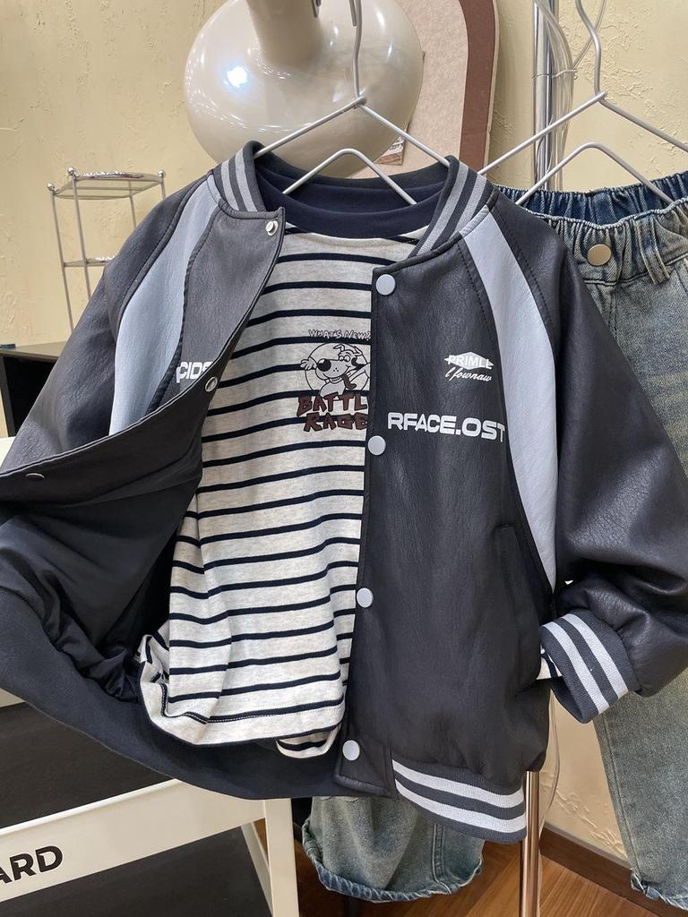 2025 Autumn Boy's Trendy Patchwork Soft Leather Baseball Jacket