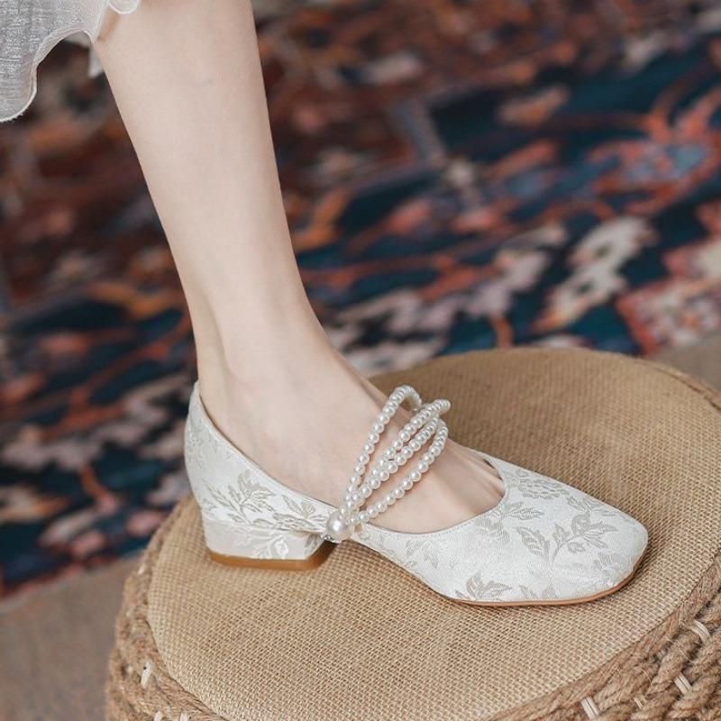 Fashion Low Heel Elegant Ladies Pumps Pearl Square Toe Women's Shoes Vacation on Offer Y2k High Quality Slip Spring Young Popular 39 Non