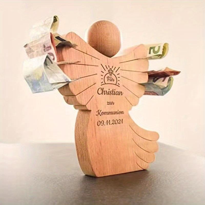1 Stück Original Holzfarbe Holzgeschnitzter Engel Kommunionsjunge, Schutzengel, Geldgeschenk Taufe, Geschenk für Freunde