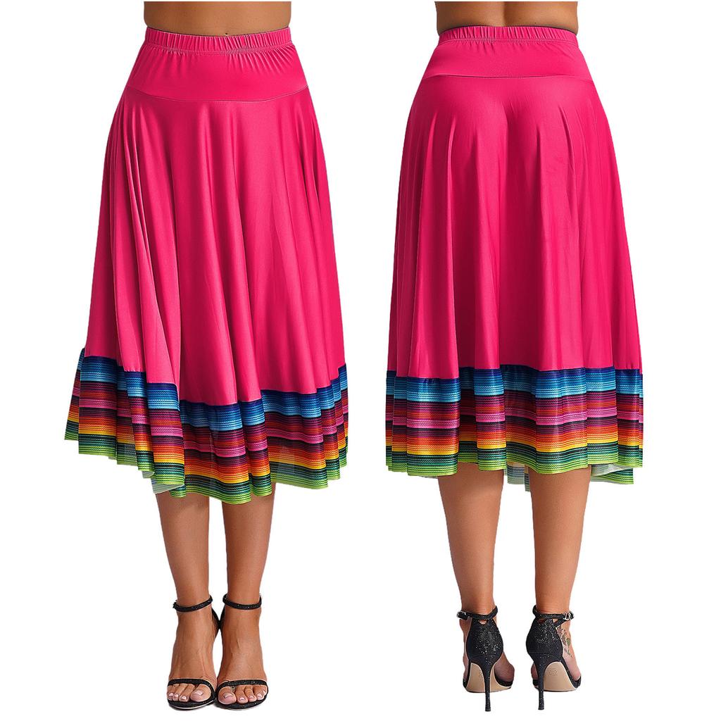 Womens Flamenco Dance Skirt Colorful Stripe Hem Elastic Waistband Folk Dancing Stage Performance Costume