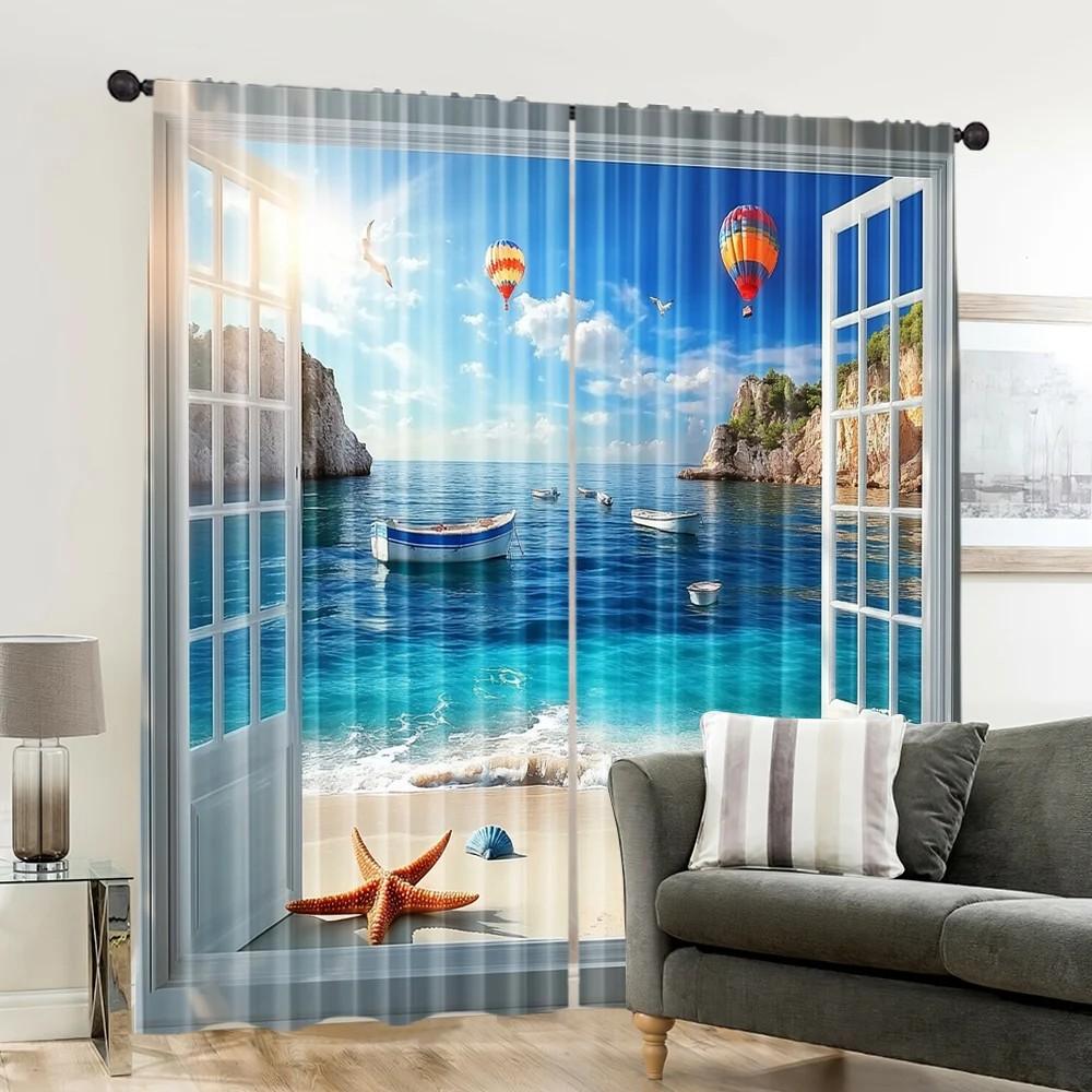 Set Of 2 Scenic Seascape Curtains Polyester Beach Holiday Window Decor Coastal Home Curtain With Rod Pocket