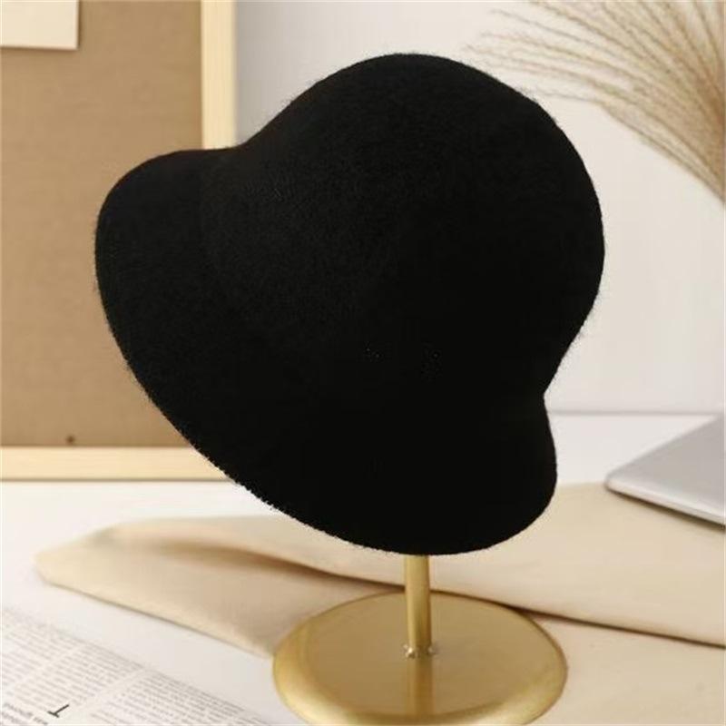 Wool blended bucket hat women's autumn and winter thermal basin hat knitted big face small face hat straight bucket hat women