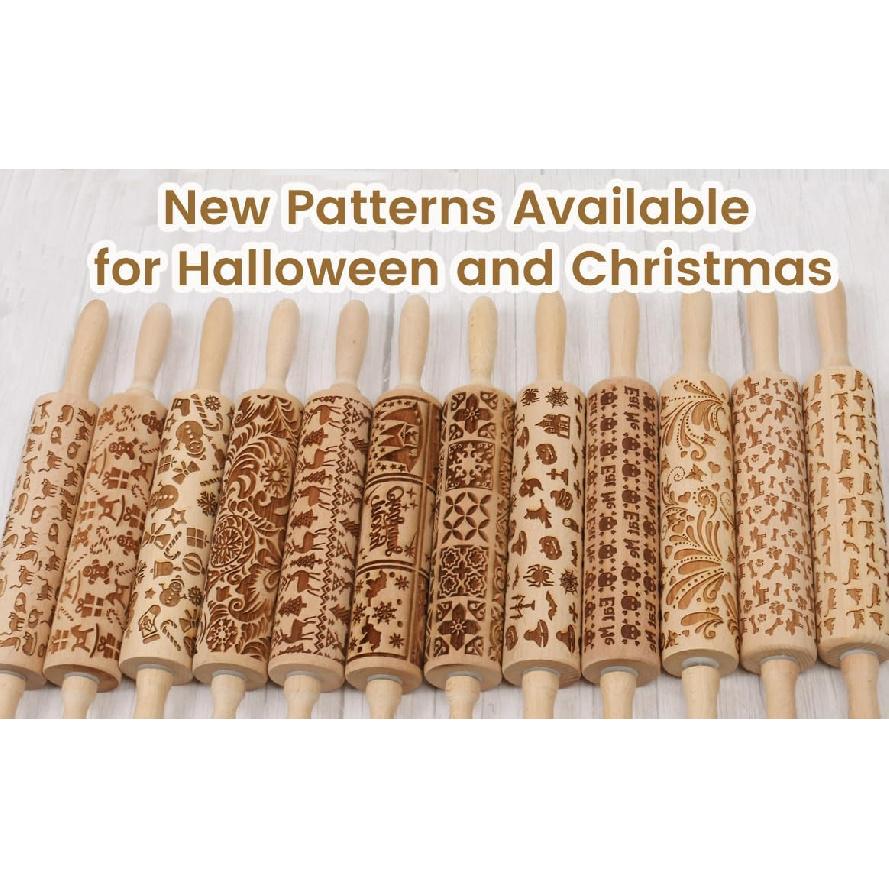 Christmas Embossed Rolling Pin for Baking Cookies Embossing Rolling Pins with Design Wooden Engraved Springerle Roller Pin Dough Patterned Clay