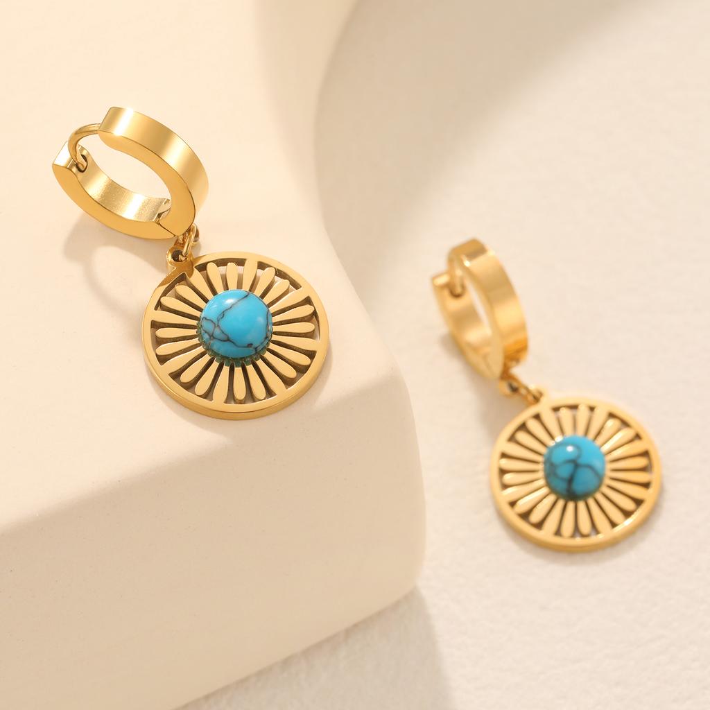 Vintage 316L Stainless Steel Gold Color Turquoise Stone Hoop Earrings For Women High Quality Girls Round Huggies Jewelry Party