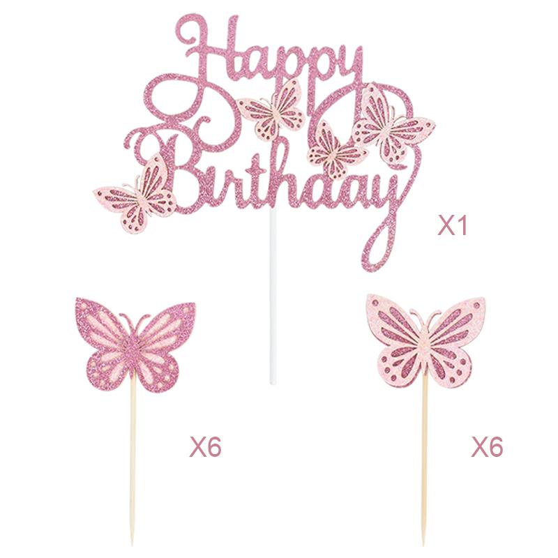 13Pcs Pink Butterfly Happy Birthday Cake Topper Kids Girl 1st Birthday Party Cake Decoration Dessert Cupcake Topper Supplies