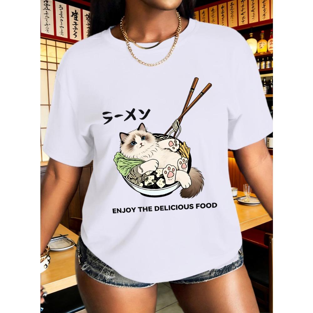 Cat Lying Down After Eating Too Much Printed Women Y2K Tee Shirts Casual Breathable T-Shirt Summer Jogging Streetwear