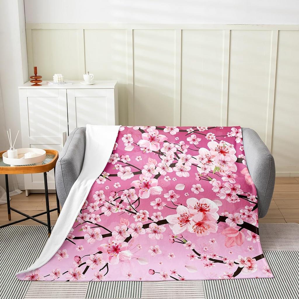 Cherry Blossoms Fuzzy Blanket Queen Japanese Style Fuzzy Blanket Sakura Flower Flannel Fleece Throw Blanket Gradient Pink All