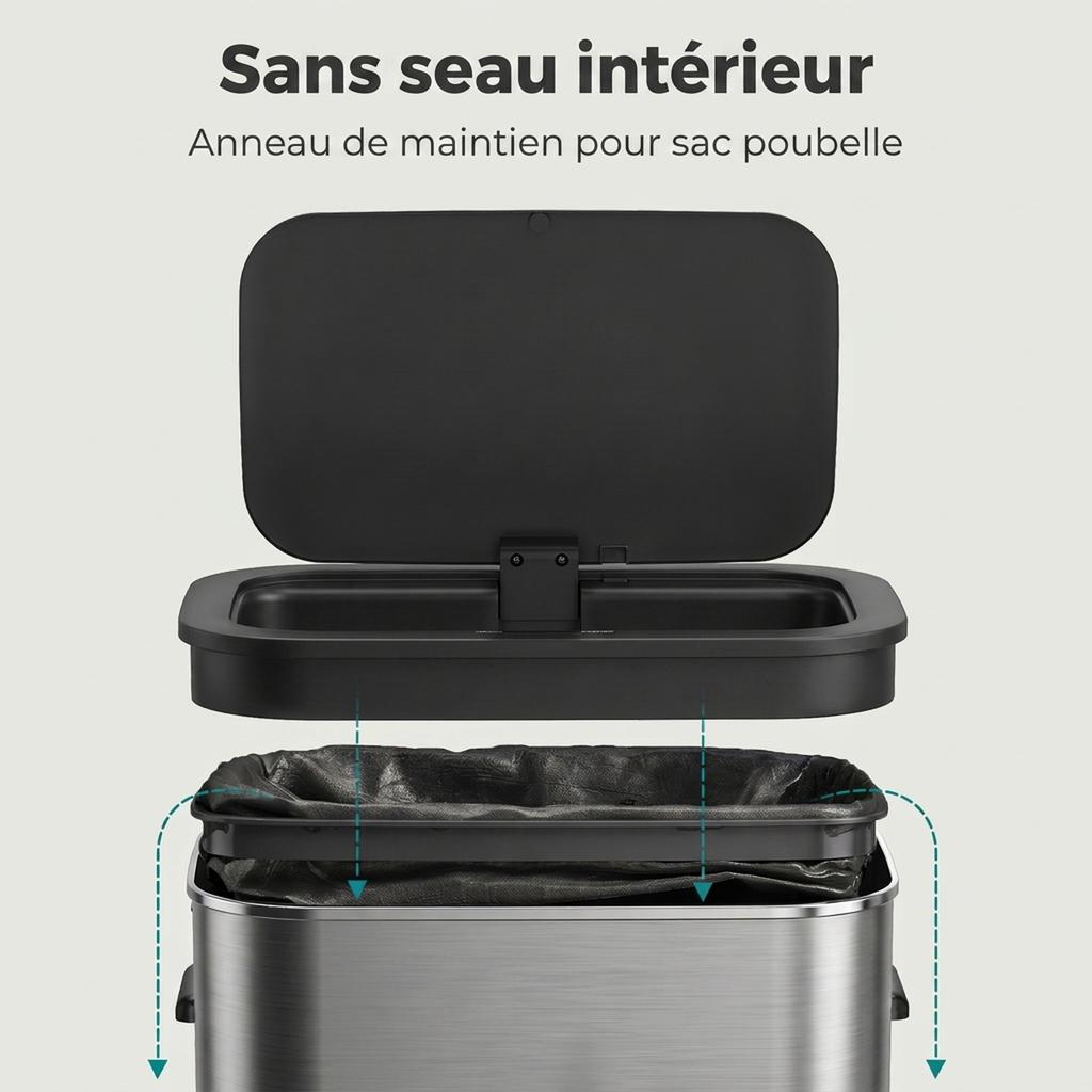 Automatic Kitchen Bin, 55 L, Stainless Steel, Soft-Close Lid, Battery Operated, Silver
