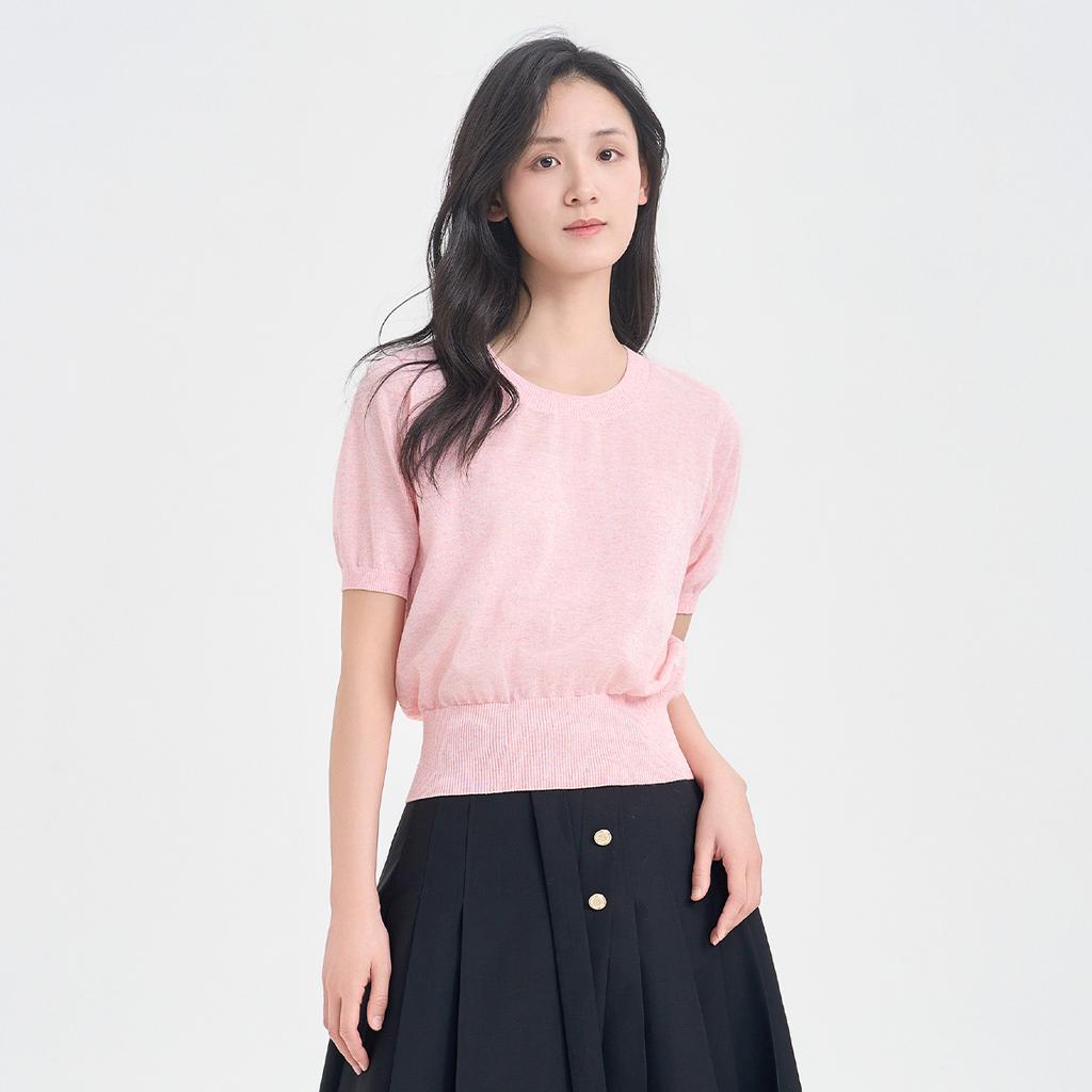 Same solid color round neck short sleeved knitted T-shirt for women in the shopping mall, thin waist collection casual top for summer 2026