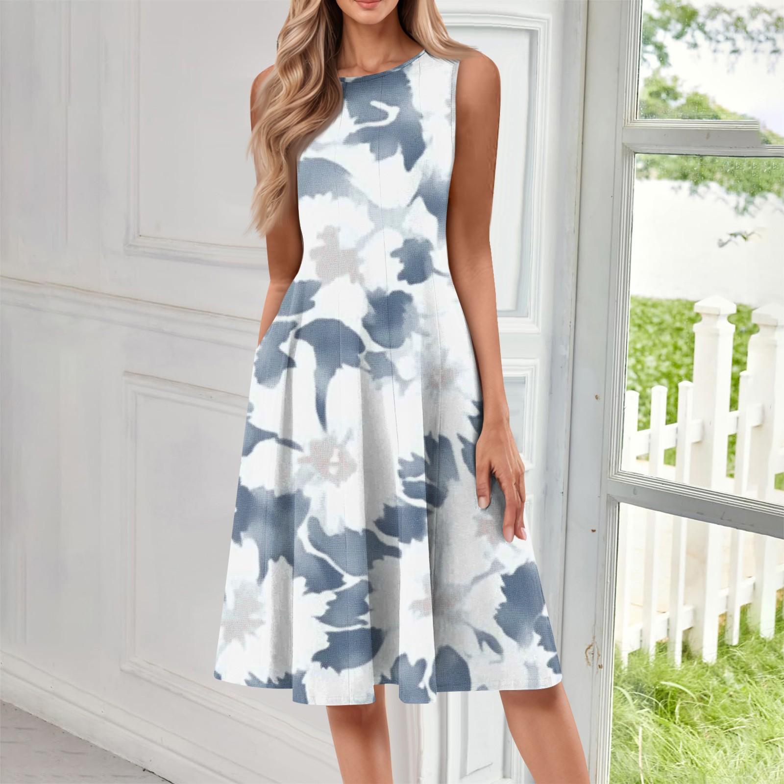 

Женское повседневное модное платье миди с цветочным принтом и круглым вырезом без рукавов XXXL