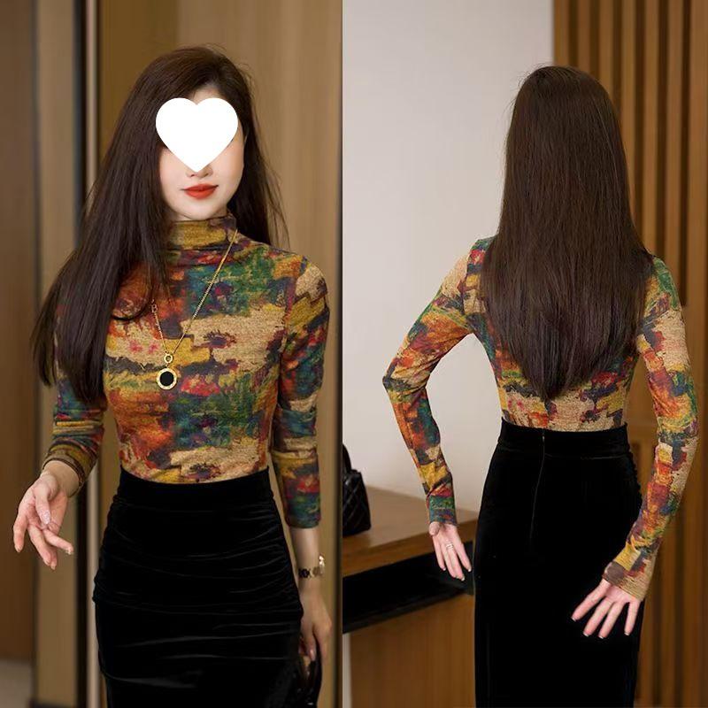 

Elegant Floral Print Plush Long Sleeve Tummy-Concealing Base Layer Top for Autumn/Winter XL