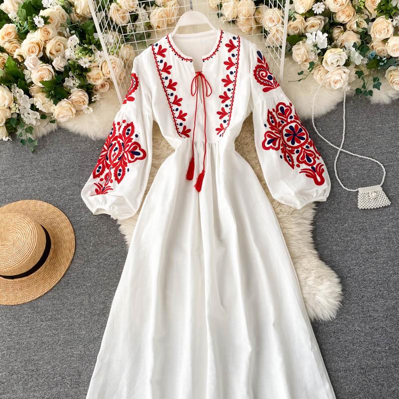 Nationalen Stil Elegante Einteiliges Kleid Frauen Blume Drucken Vintage Party Midi Kleid Weibliche Lose Mode Retro Design Kleider 2024