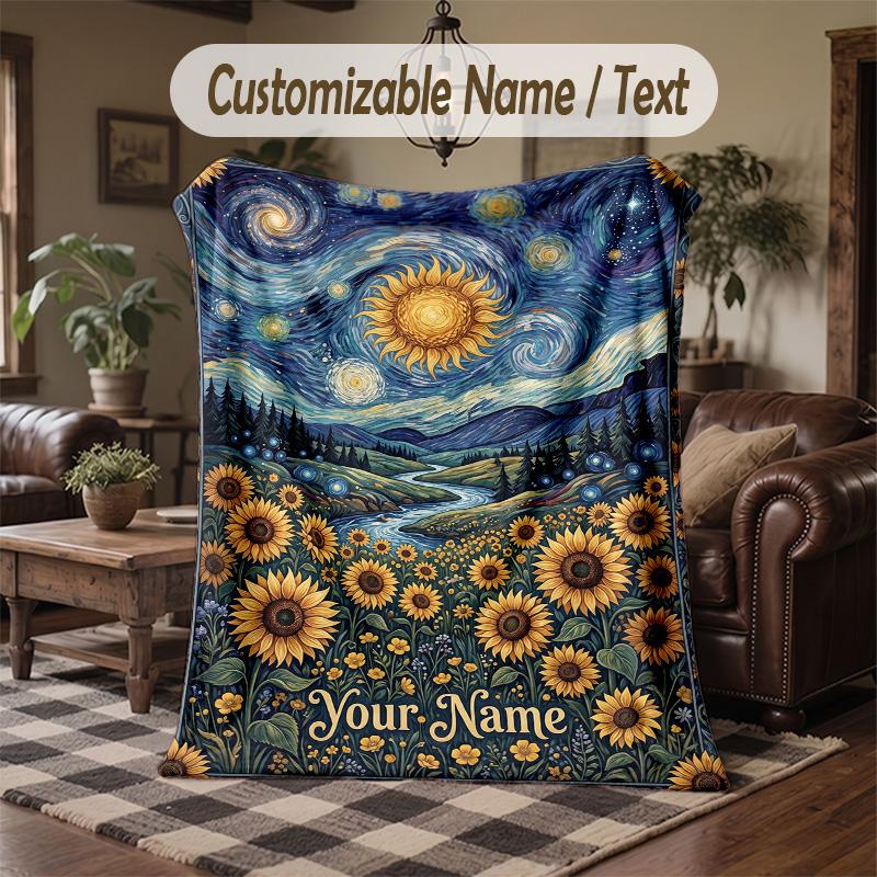 Sunflower Night Sky Theme Throw Blanket Custom Name Text Personalized Blanket Soft Cozy Blanket for Home Sofa Bed