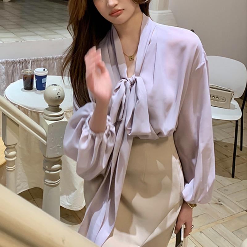 Frühling Neue Fliege Elegante Casual Shirts Frauen Sommer Laterne Ärmel Tops Temperament V-ausschnitt frauen Blusen Mode Dünne Damen Chiffon Hemd 26420