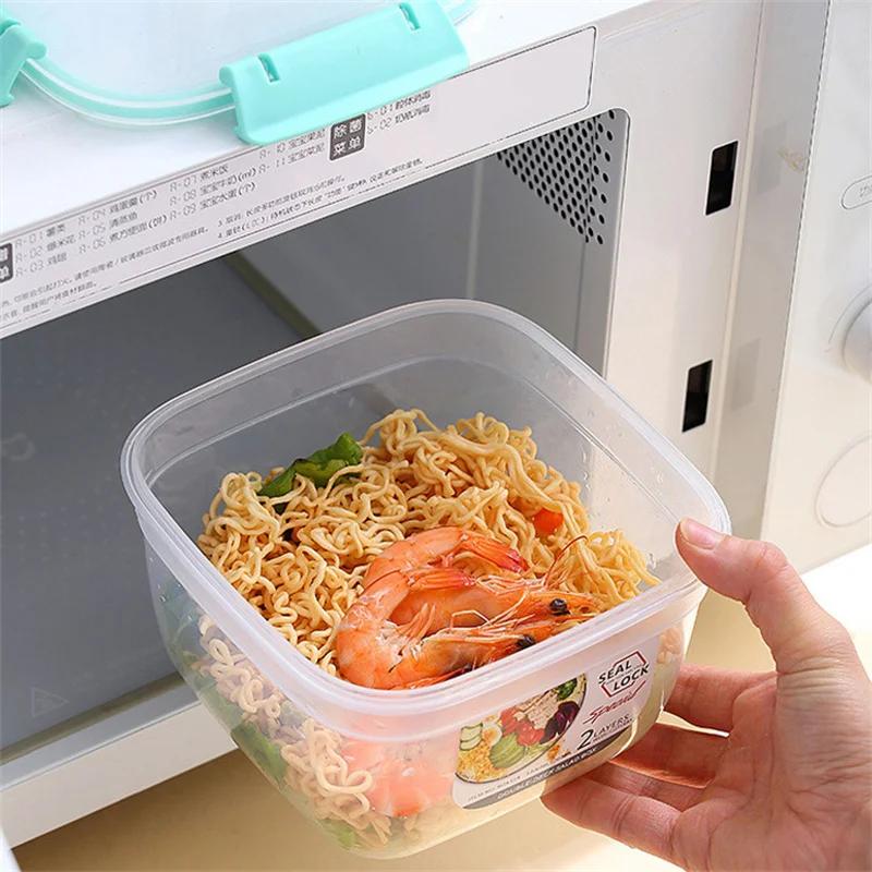 Portable 2 Layer Salad Bowls with Fork 1300ml/1600ml Lunch Box Sealed Leakproof Bento Boxes Reusable Picnic Box Food Container