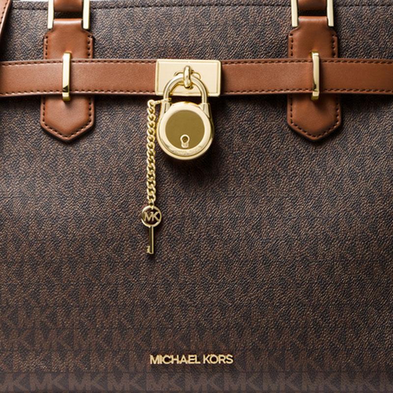 Michael Kors Hamilton Monogram Chain Commuter Business Leather Tote Bag Women tote Dark-Brown Brown 35F1GHMS2B-200