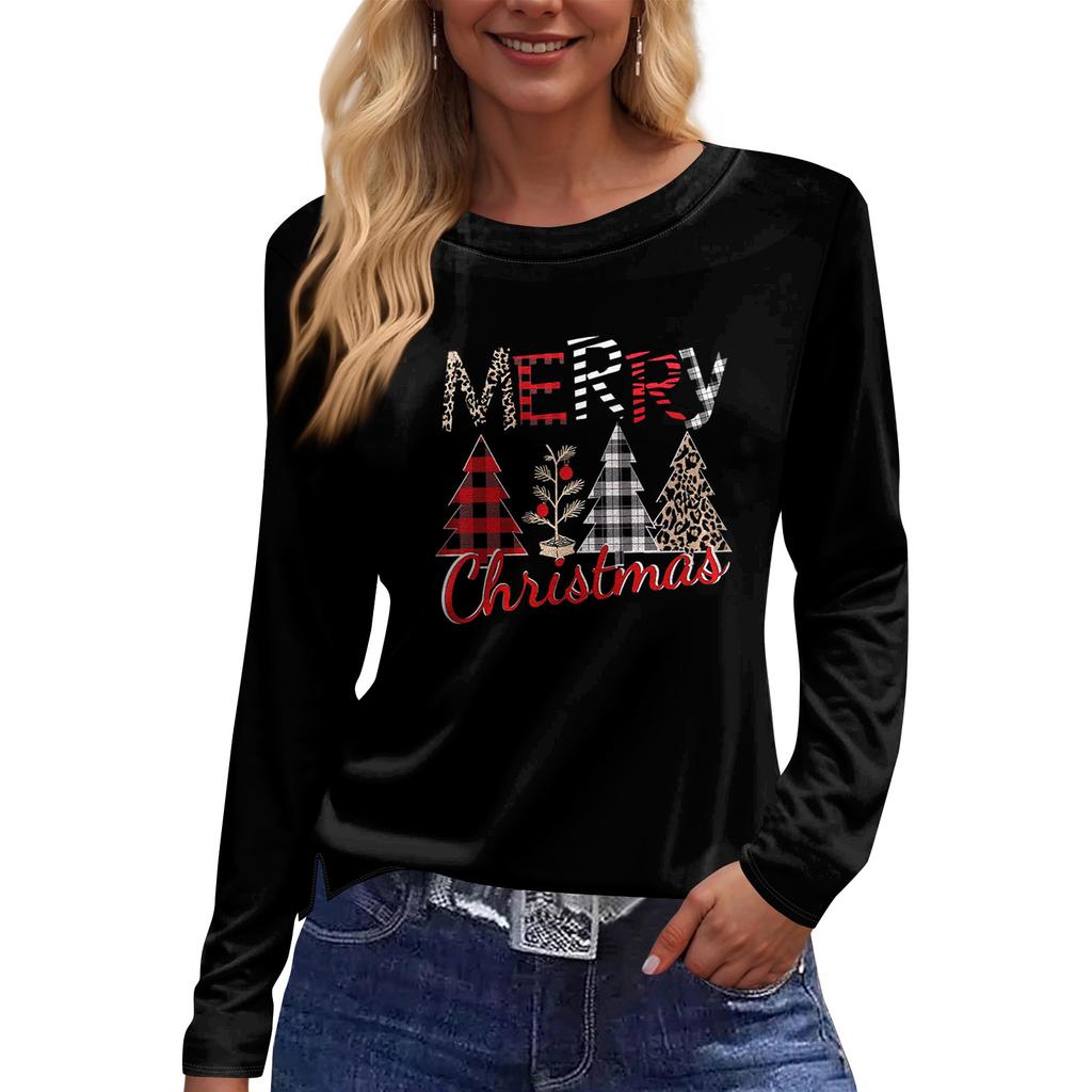 Women's Fashion Casual Slit Hem Round Neck Long Sleeve Loose Printed T-Shirt Ladies Top