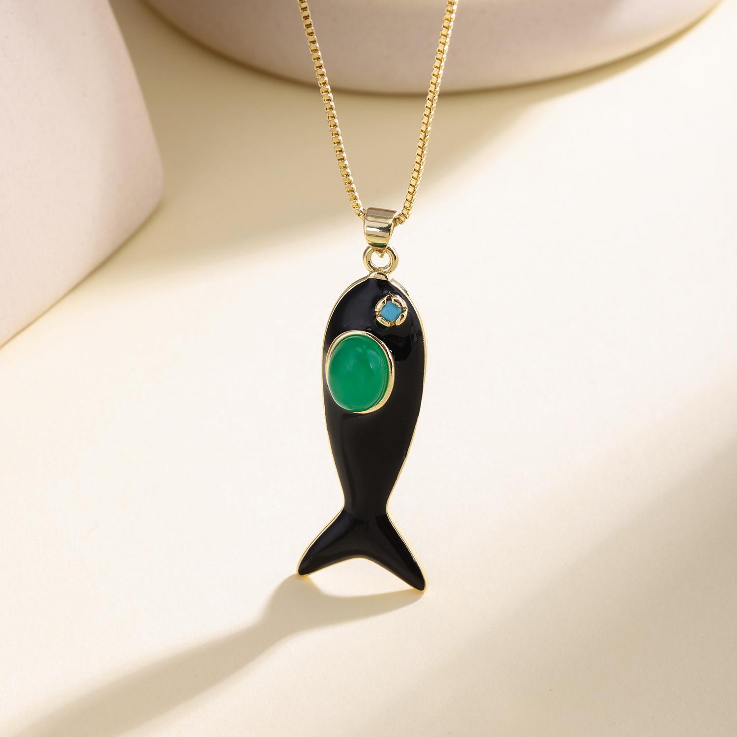 

Nidin Vintage Black Enamel Fish Charm Pendant Necklace Boho Ethnic Jewelry For Women Birthday Party Gift Wholesale Accessories зелёный