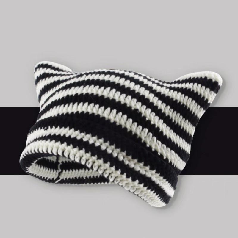 Autumn Winter Woolen Hat Japanese Devil Handmade Stripe Hat Female Cat Ear Warm Knit Pullover Hat Winter