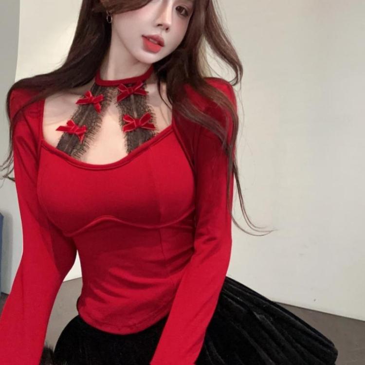 VAYLA Square Collar Long Sleeve Bottoming Women Tees Sweet Y2k Aesthetic Bow Sexy Lace Crop Top Japanese Chic Fashion Slim T-Shirts