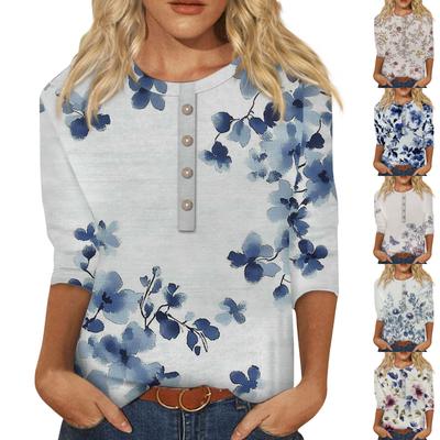 Moda damă casual cu mâneci 3/4 cu nasturi florale imprimat cu gât rotund Pulover Top Îmbrăcăminte casual