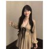 Women's French Style V-Neck Bow Patchwork Pleated Dress - White Long Sleeve Slim Fit Mini Skirt for Autumn