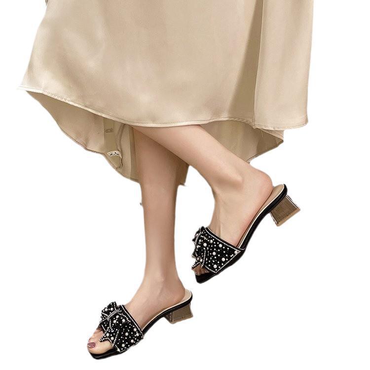2025 new Internet celebrity thick heel cool slippers women wear summer fairy style fashion bow rhinestone slippers