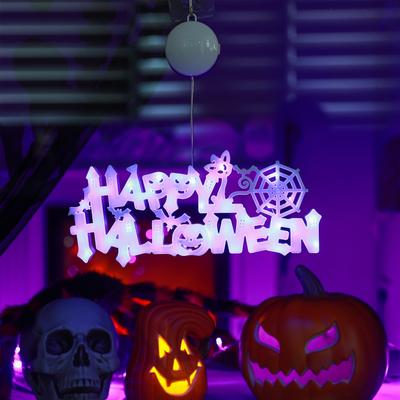Led Happy Halloween Sign with Spider Web Design Color-Changing Light Decor Indoor and Outdoor Hanging Display Battery-Powered White Plastic Decor