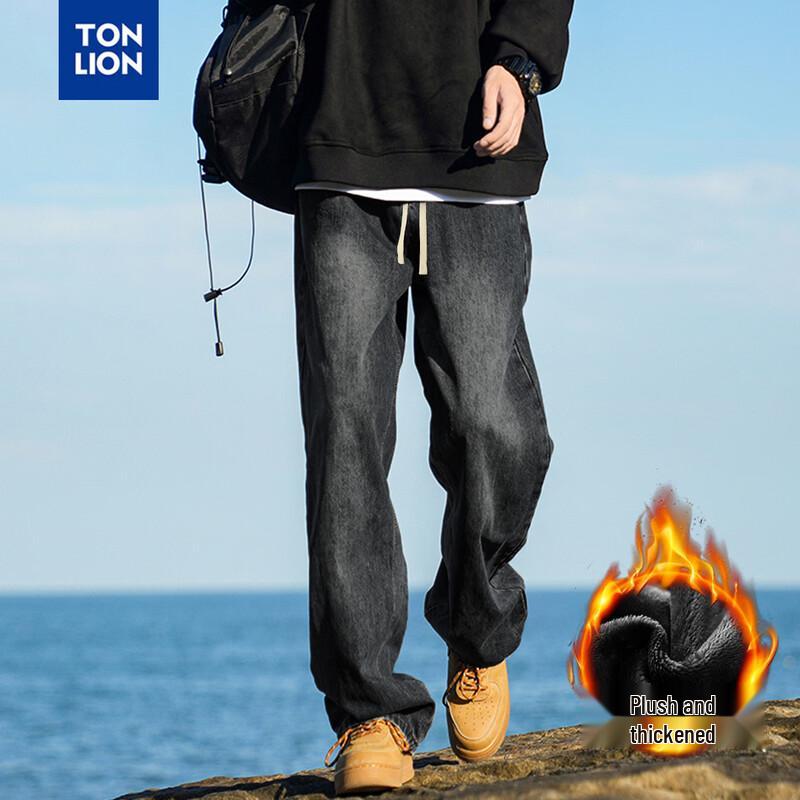 

TonLion Men s Drawstring Straight Leg Fleece-Lined Jeans XL