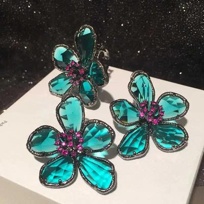 Luxury Green Crystal Flower Earring Open Ring Jewelry Set for Women Charm Zircon Stud Earring Wedding Party
