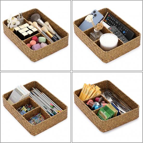 BTSKY Desk Drawer Organizer Tray, Coffee Station Organizer Tea Bag Organizer, Woven Seagrass Storage Basket with 4 Divided Sections Handwoven Wicker