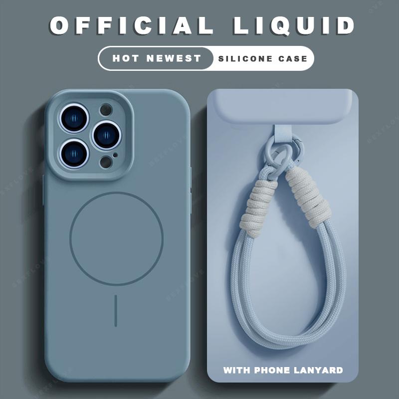 Liquid Silicone Lanyard Magnetic Phone Case For iPhone 16 14 15 Plus 11 12 13 16 Pro Max Magsafe Charge Strap Protector Cover