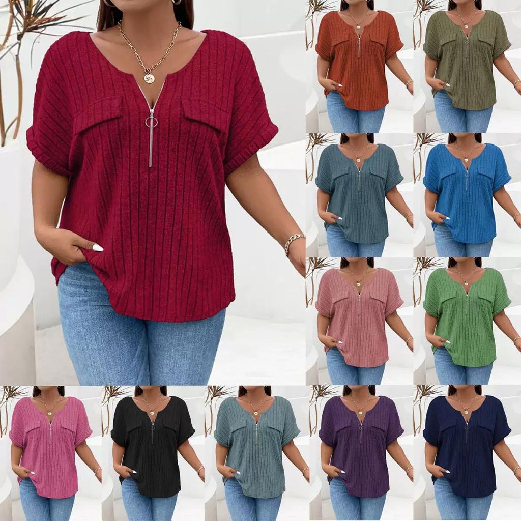 New solid color plus size women's blouse zipper short-sleeved fake pocket pullover T-shirt loose