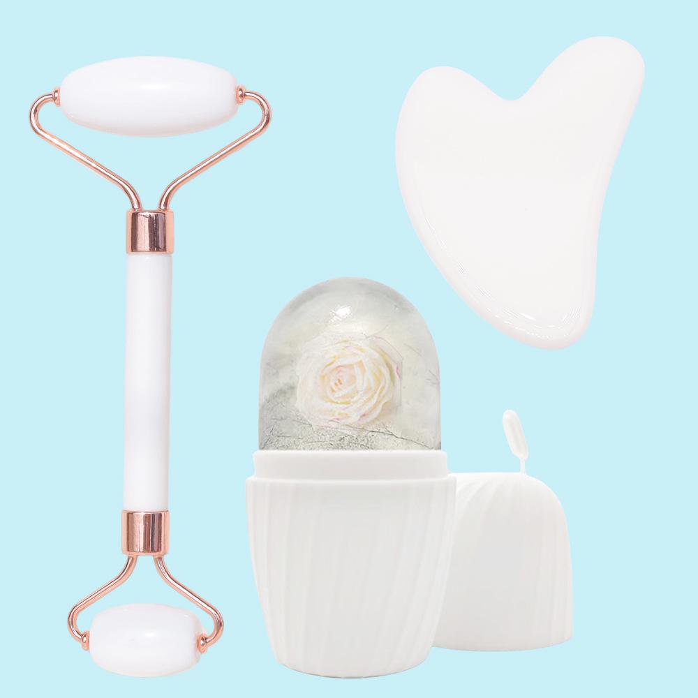 3-Piece Facial Beauty Set: Ice Cube Mask, Heart Gua Sha, Double-Head Massage Roller