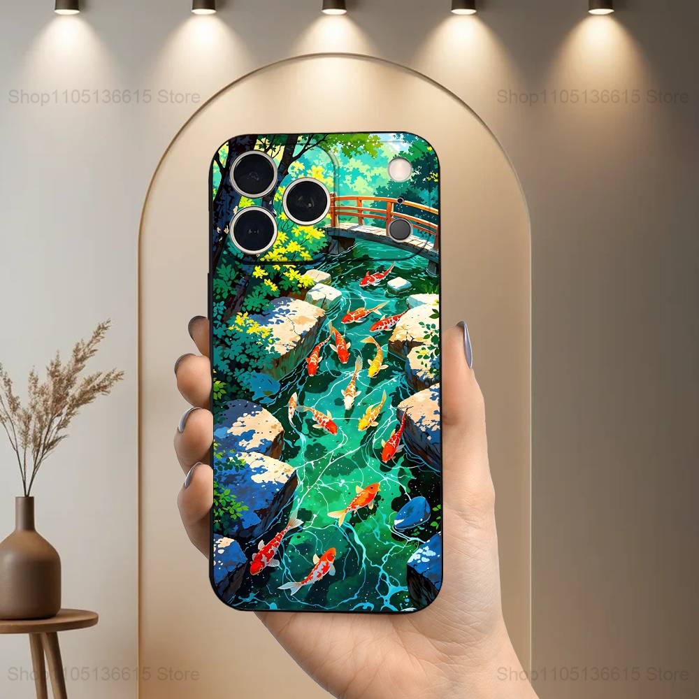 

Чехол Painting Lotus leaf Fish для iPhone 11,12,15,14,13,16,17,Plus,Pro Max,XS,X,XR,SE,Mini,8,7, Мягкий силикон, Черный iPhone17Pro