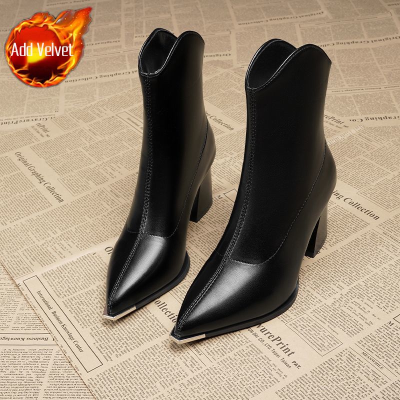 Fashion Autumn Winter Fleece-Lined Booties Heeled Ankle Boots for Women Leather Pointed Toe Woman Short Shoes Trend 2025 Goth Hot Boot