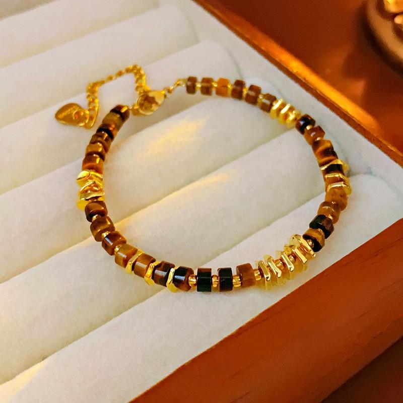 Womens Vintage Style Alloy Bracelet With Coffee Brown Tigers Eye Beads Geometric Design Minimalist Fashion Jewelry