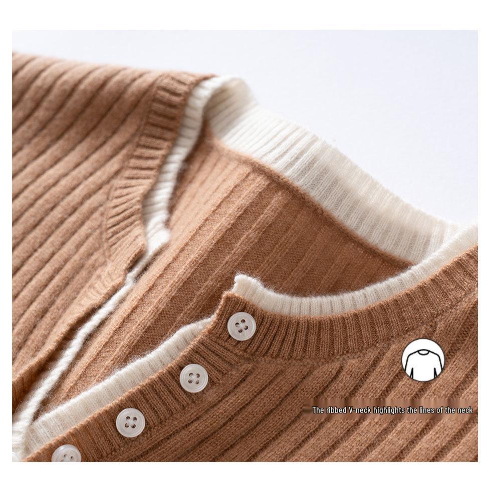 Women's 2026 Autumn/Winter V-Neck Faux Two-Piece 100% Pure Cashmere Sweater - Fashionable Button-Up Base Layer
