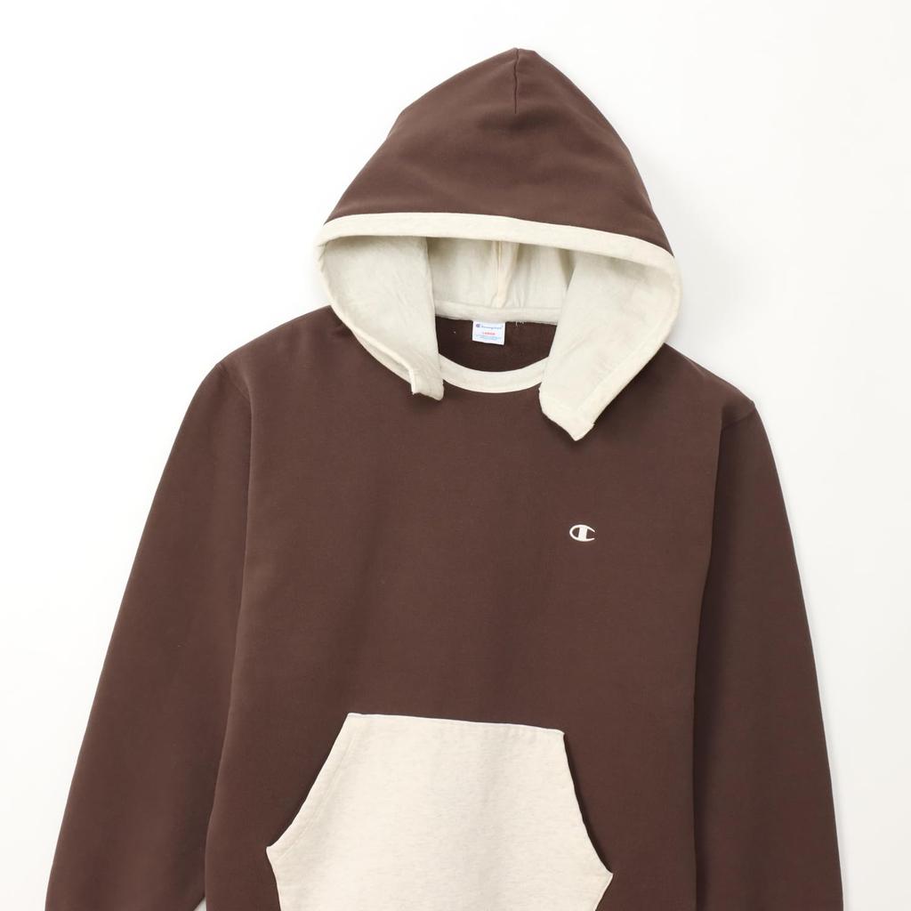Long Brushed One Point Logo Hooded Brown [Champion] Sweatshirt, Sleeve, 100% Cotton, Lining, RelaxFit, Embroidery, Sweatshirt, Men's Casual, C3-A102