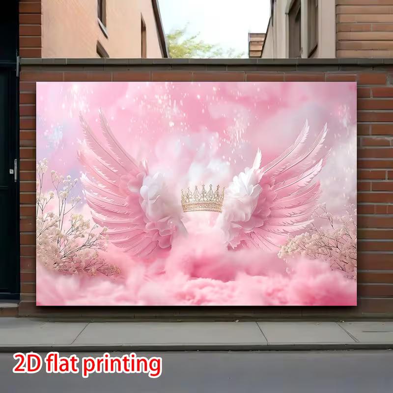 2D Printed Pink Angel Wings Backdrop with Crown & Flowers for Baby Shower and Princess Photography