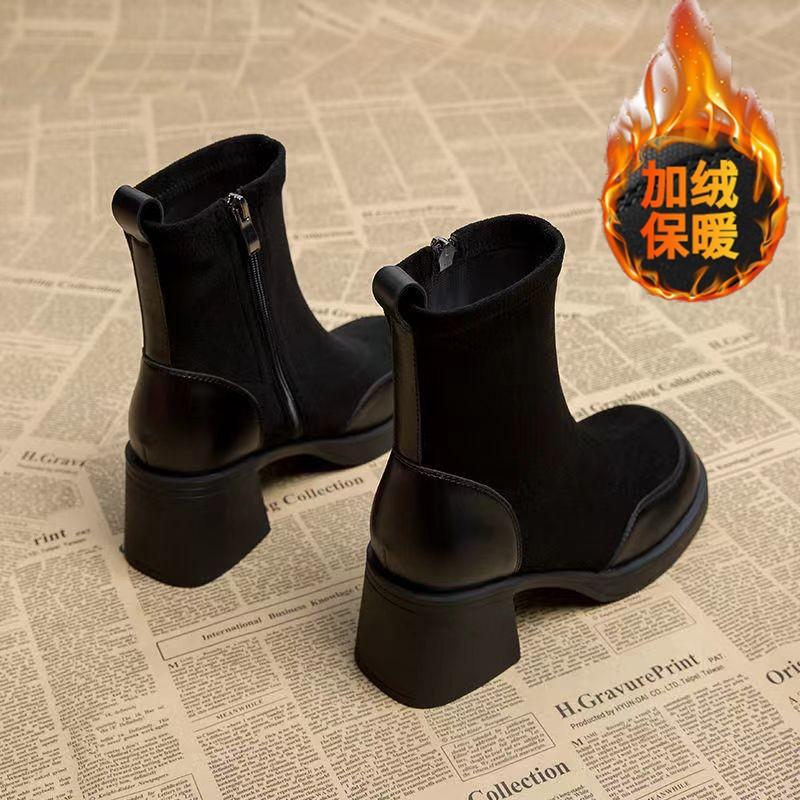

Ретро черные французские маленькие короткие ботинки женские 2025 новые эластичные тонкие одинарные ботинки на толстой подошве и толстом каблуке тонкие ботинки Мартин 40