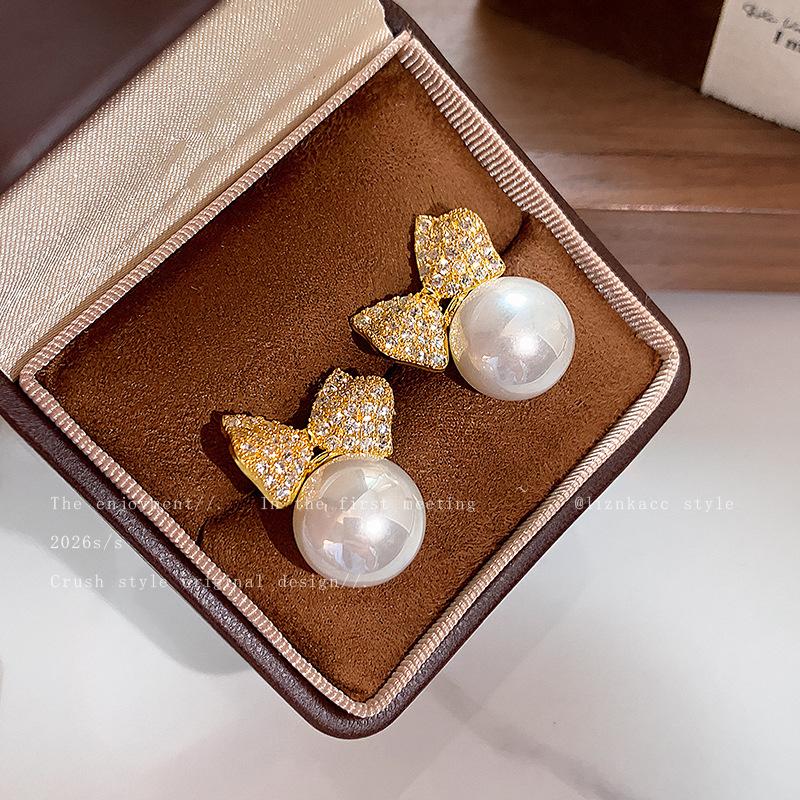 High-end Sterling Silver Needle Niche Hong Kong Style Stud Earrings Zircon Bow Imitation Pearl Earrings Light Luxury Temperament Ear Jewelry