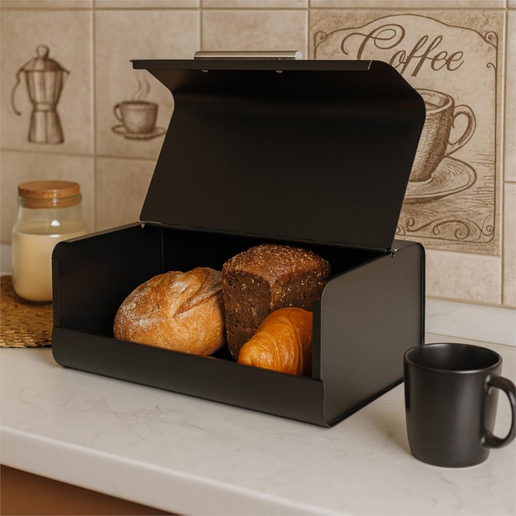Siyah Metal Ekmek Kutusu Ekmek Kabı Modern Kulplu Çelik Mat 36X20,5X14,5 Cm | Begryf