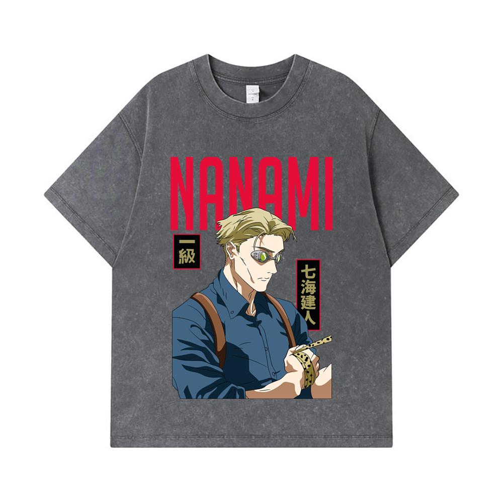 275 GSM Washed T-shirts 100% Cotton Jujutsu Kaisen V60 Nanami Print Unisex Heavy Cotton T Shirt